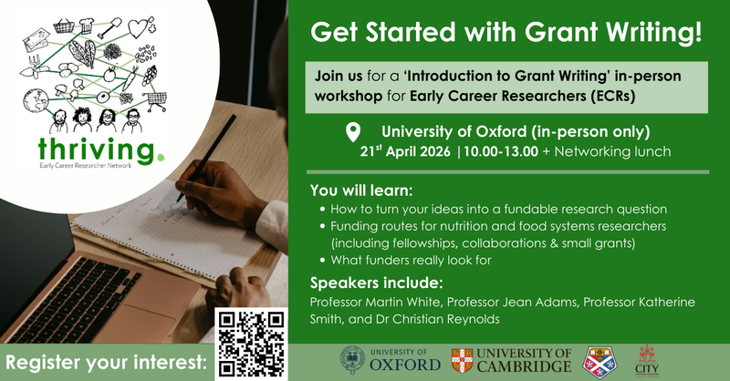 A flyer advertising an event on grant writing for ECRs on the 21 April