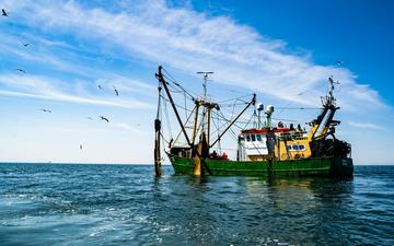 A fishing boat with blue skies around