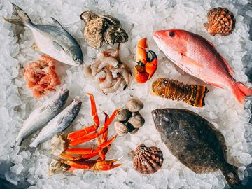 A selection of different fish, clams, crab claws, prawns, lobster tails and oysters is displayed on ice.