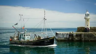 A small boat enters a walled harbour. The sea is blue with some white cloud on the horizon. A lighthouse stands on the harbour wall.